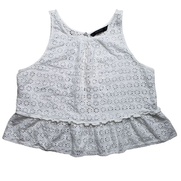 Zara Peplum Eyelet Top Womens Large White Blouse Sleeveless Floral Lace Boho - Picture 2 of 8